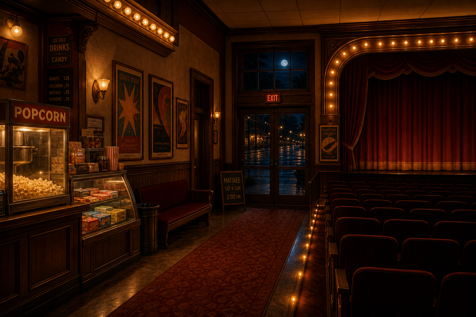 Inside Moonlight Bay Cinema & Arcade at night — a warm small-town theater lobby with a glowing marquee feel, red velvet seats, a popcorn counter, vintage-style posters, soft aisle lights, and moonlight through the entry doors.