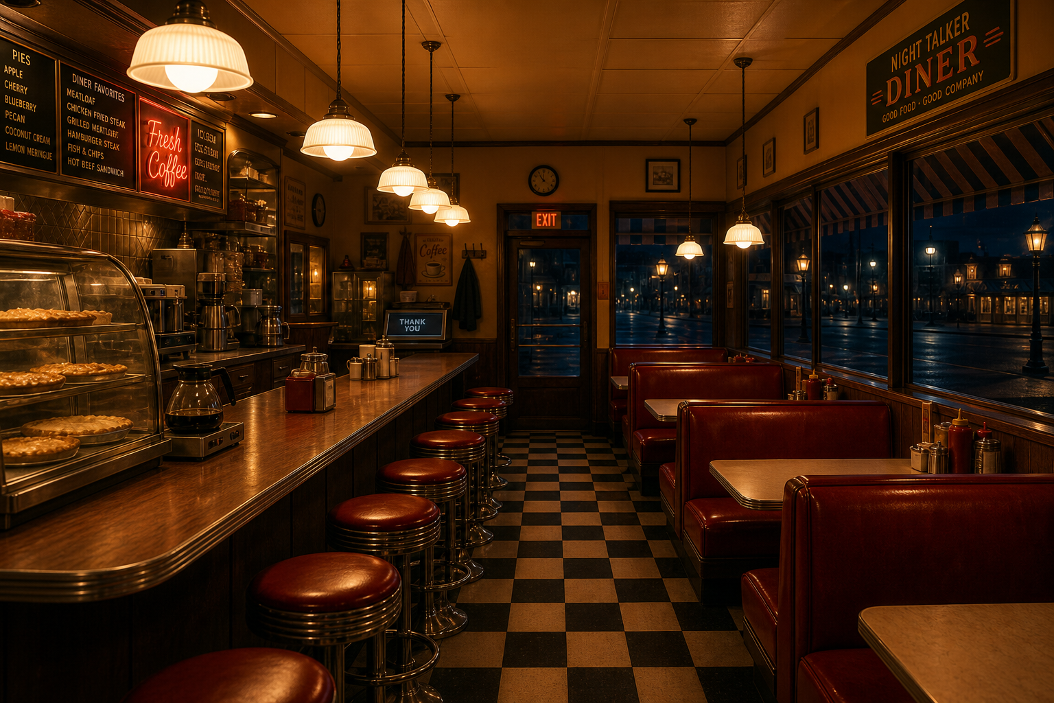 Inside the Night Talker Diner at night — a long counter with red stools, a glass pie case, fresh coffee, warm pendant lights, and red booths beside windows that look out on the dark, quiet street.