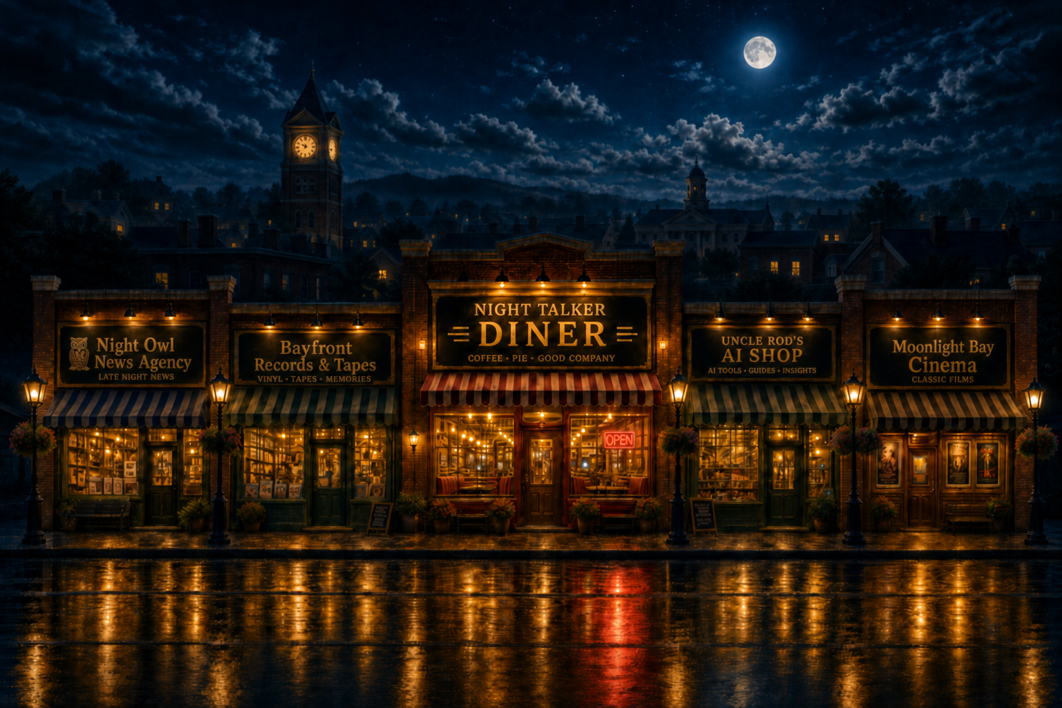 Five nighttime storefronts along a small-town Main Street — Night Owl News Agency, Bayfront Records & Tapes, the Night Talker Diner in the center, Uncle Rod's AI Shop, and Moonlight Bay Cinema — their windows glowing warm above a wet, reflecting street. A clock tower and a town-hall silhouette rise from the rooftops behind them under a full moon, hinting at the larger town beyond.