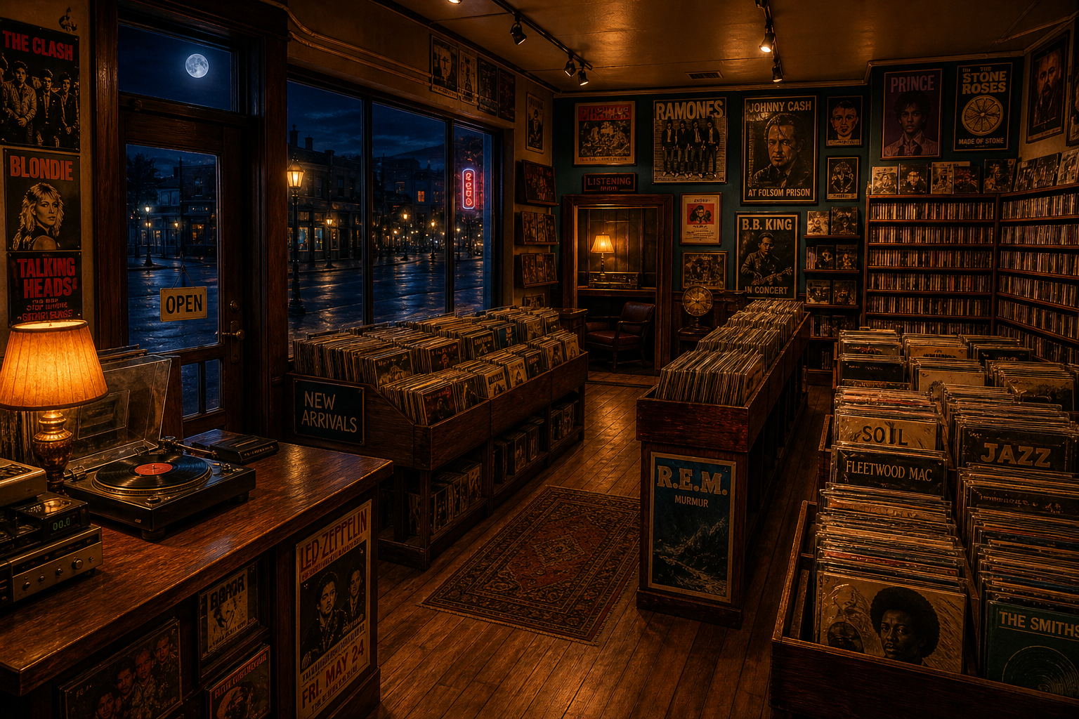 Inside Bayfront Records & Tapes at night — wooden crates of vinyl albums, racks of cassette tapes, walls covered in concert posters, a turntable on the counter under a warm lamp, and a window looking out on the dark, quiet street.