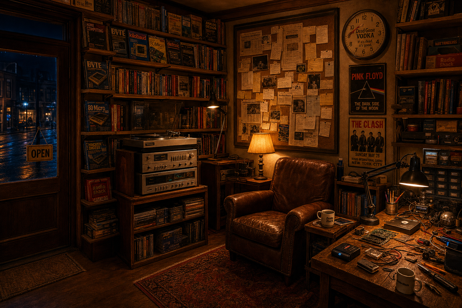Inside Uncle Rod's AI Shop at night — wooden shelves of old computer magazines and books, a vintage stereo stack, concert posters, a corkboard covered in notes, a leather reading chair with a coffee mug, a workbench with gadgets, and warm amber light throughout.