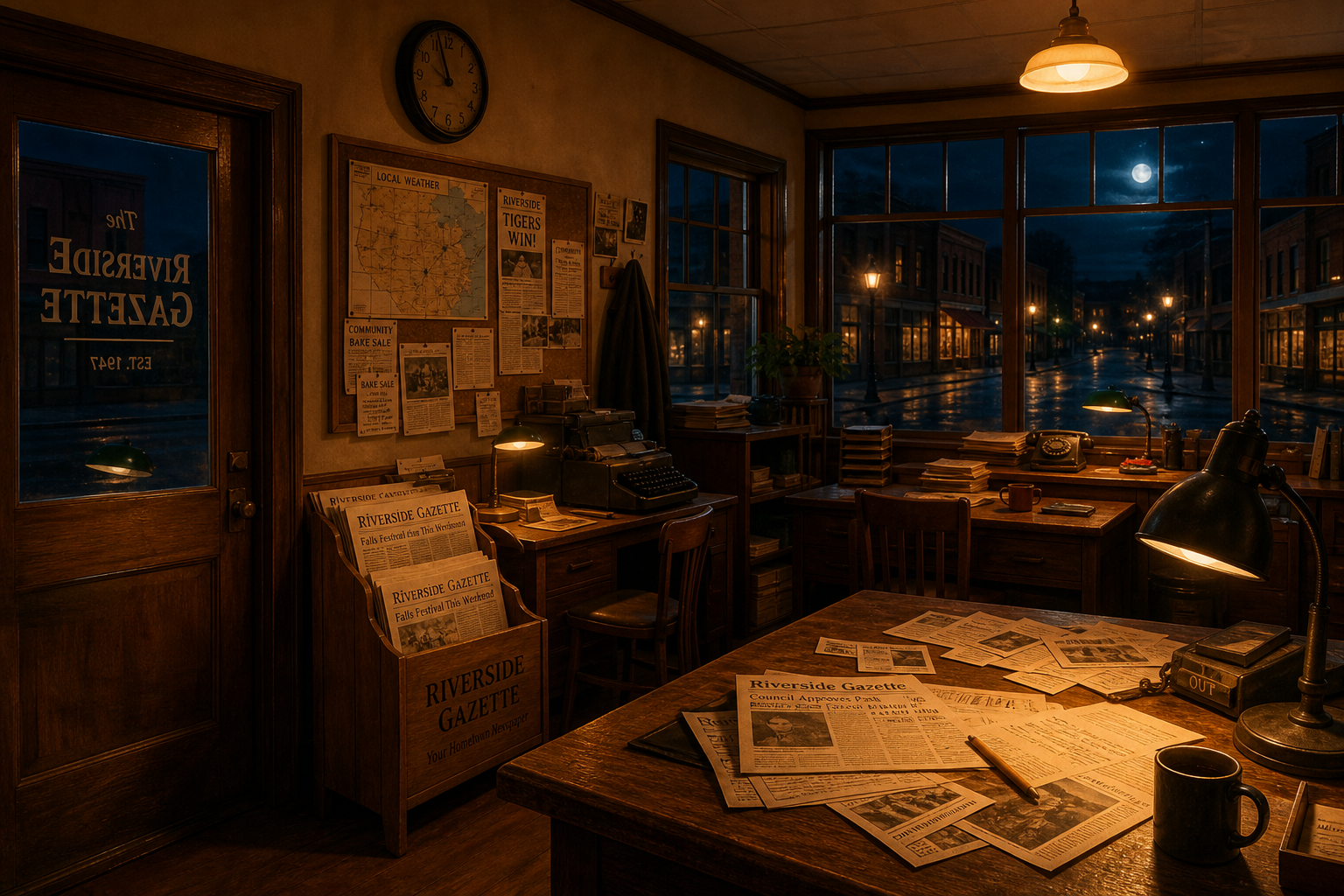 Inside the Night Owl News Agency at night — wooden desks with old newspapers, a bulletin board with weather maps and sports clippings, coffee mugs, a wall clock, warm lamps, and moonlight through the windows.