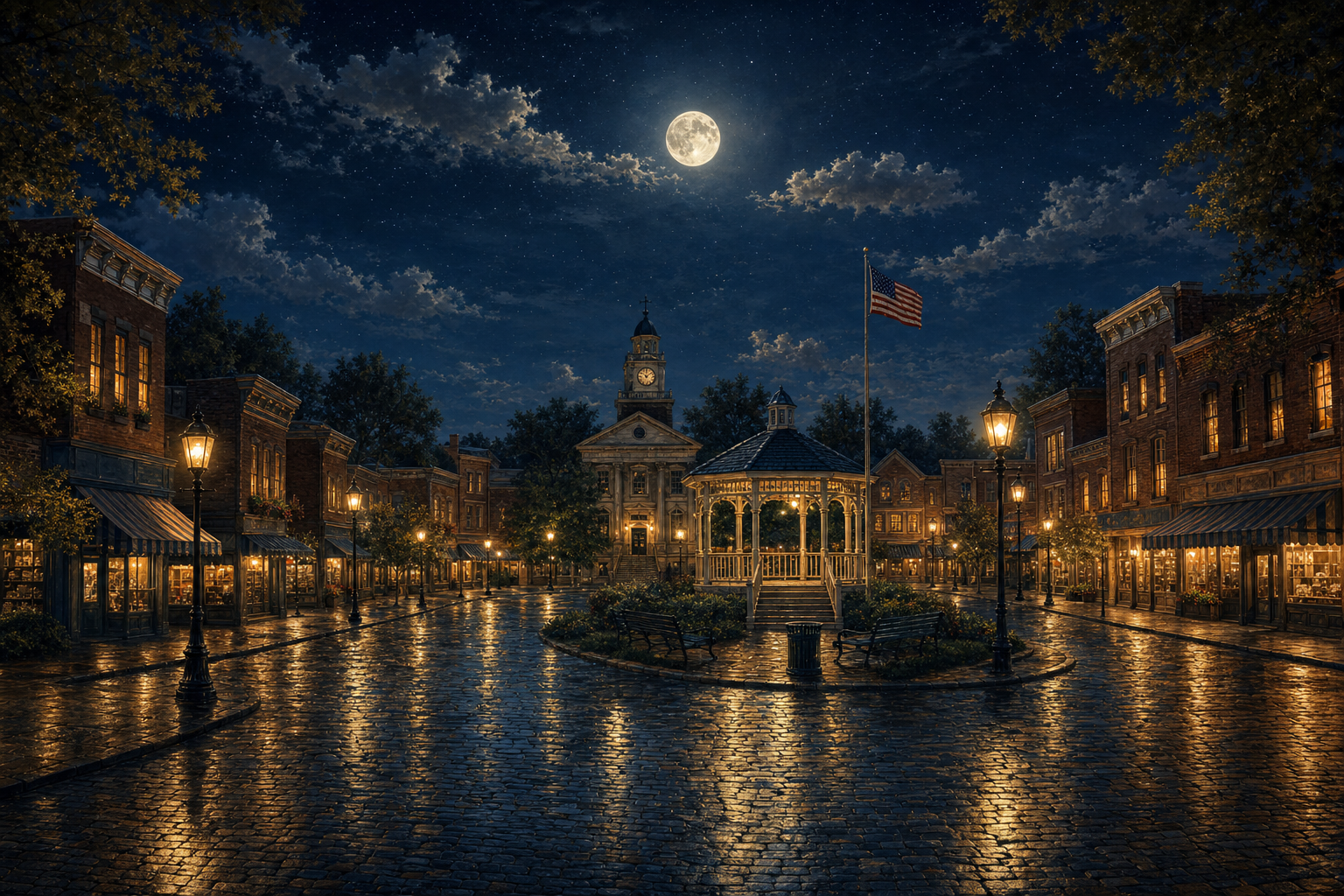 Moonlight Bay at night — a quiet, moonlit small-town square with brick storefronts glowing warm, a white gazebo at its center, street lamps reflecting on wet cobblestones, and a full moon above the town hall clock tower.
